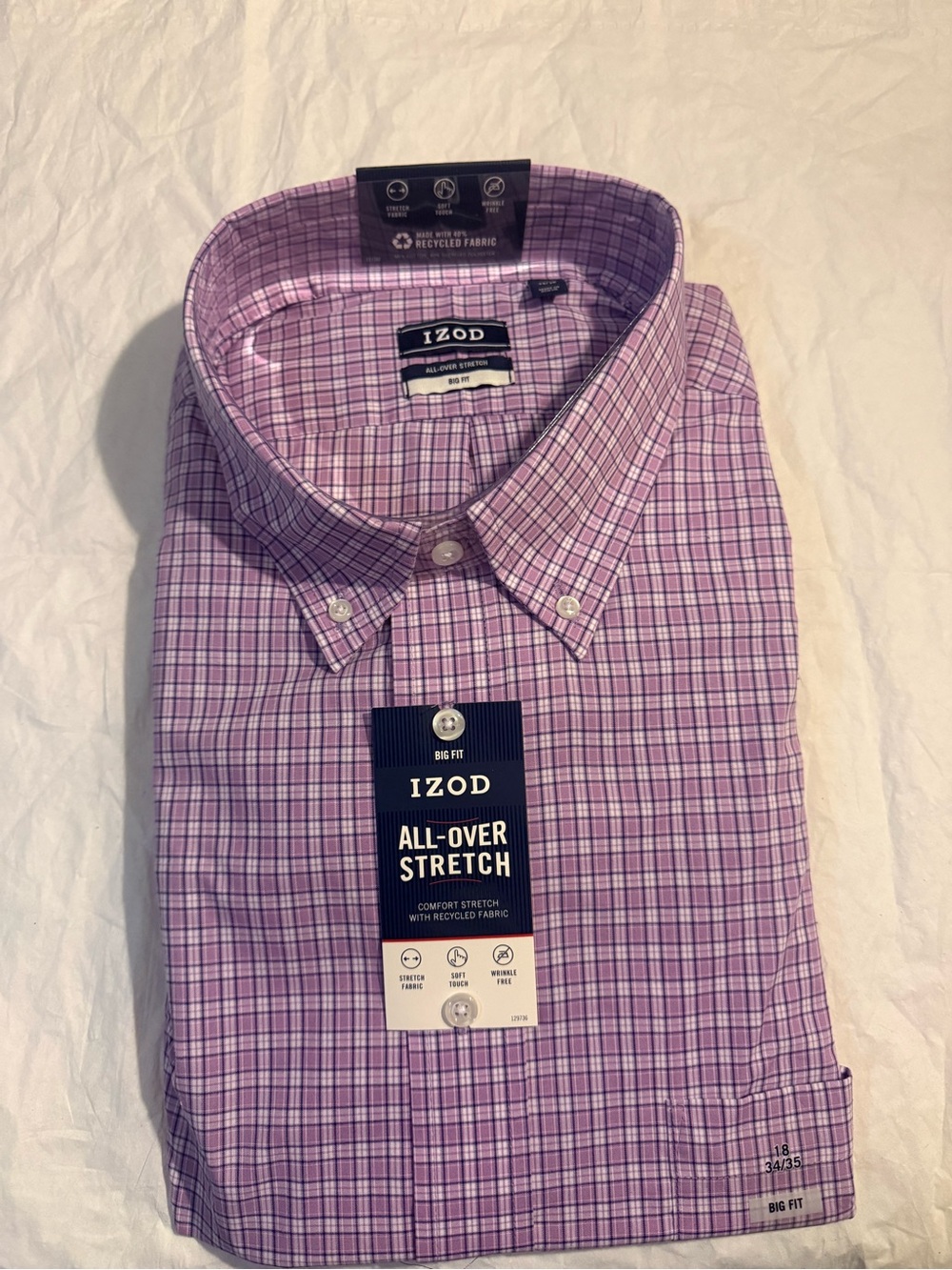Izod Men’s Lavender Purple Plaid Button-Down Dress Shirt Brand New